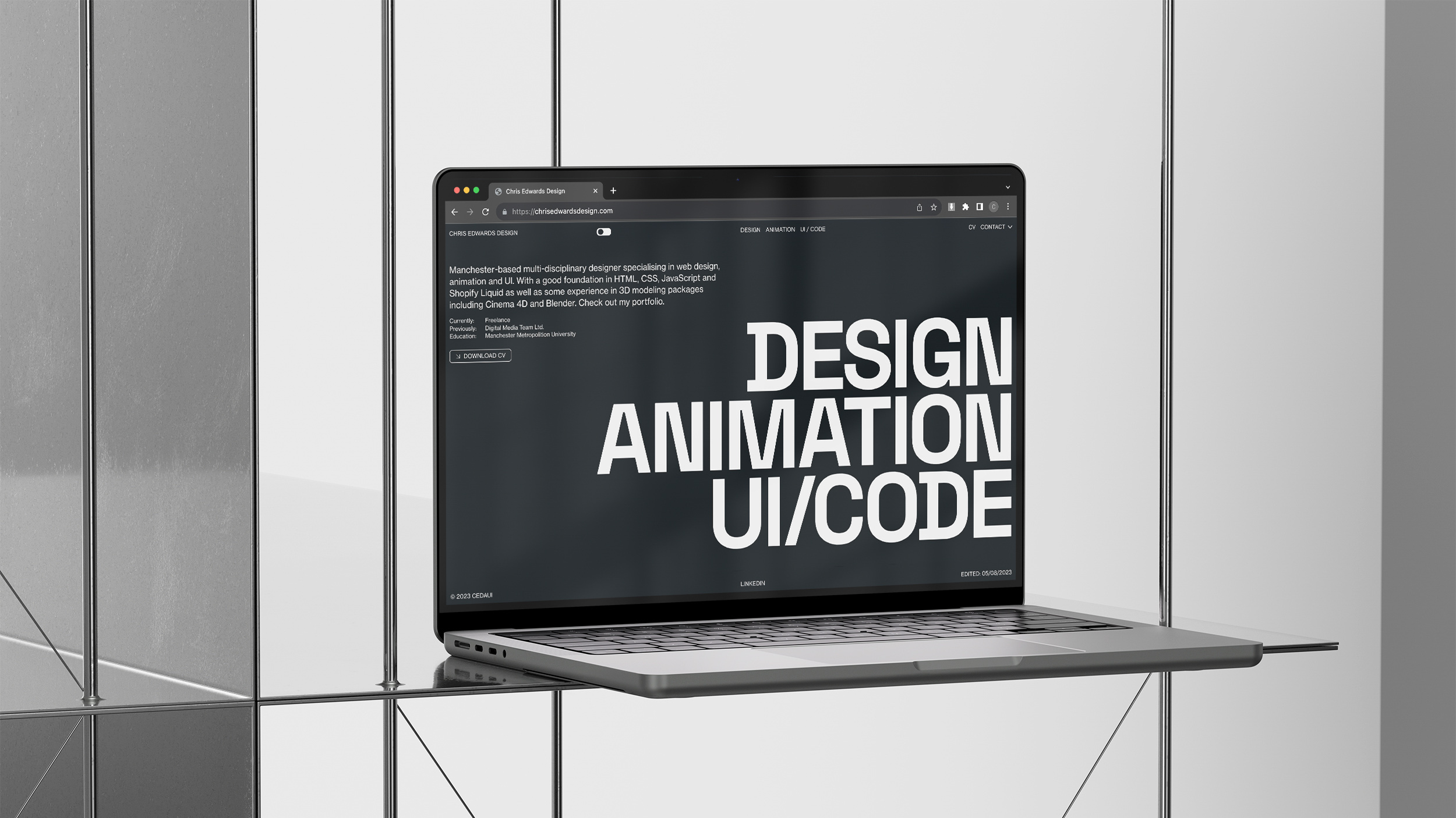 Hero image of custom portfolio in mockup photoshoot, desktop / UI Design / Frontend DevelopmentBranding / Web Design / Layout / Concept