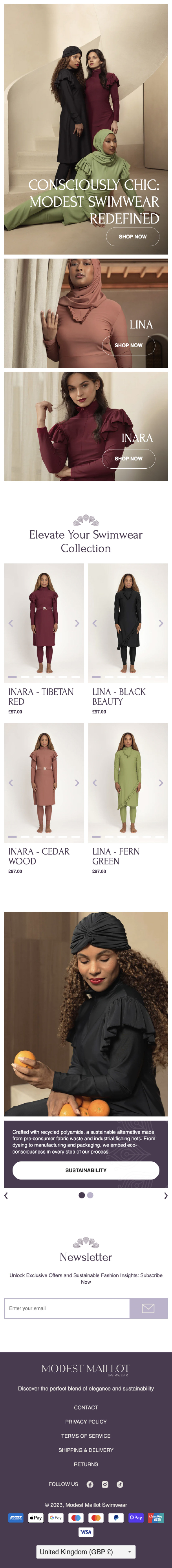 Image of Shopify Store UI Design, Brand: Modest Mailot, e-commerce, in-house work for Digital Media Team / Mobile size / Web Design / Layout / Concept / Responsive Design